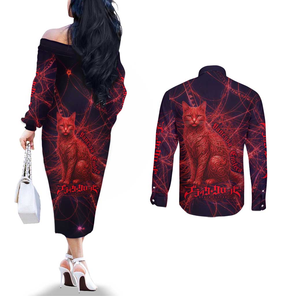 Vanessa Enoteca Black Clover Couples Matching Off The Shoulder Long Sleeve Dress and Long Sleeve Button Shirt Arcane Thread Magic Style with Mystic Red Cat Motif