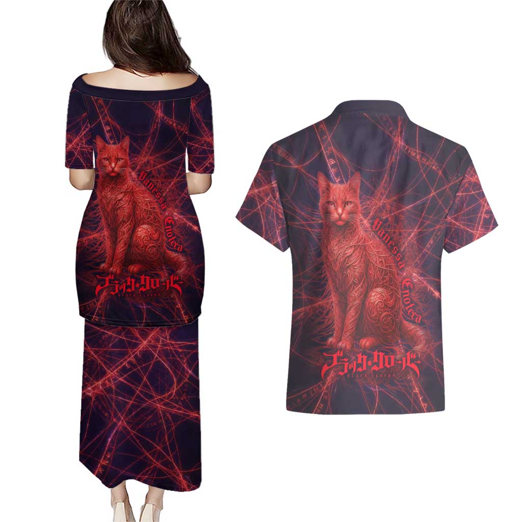 Vanessa Enoteca Black Clover Couples Matching Puletasi and Hawaiian Shirt Arcane Thread Magic Style with Mystic Red Cat Motif