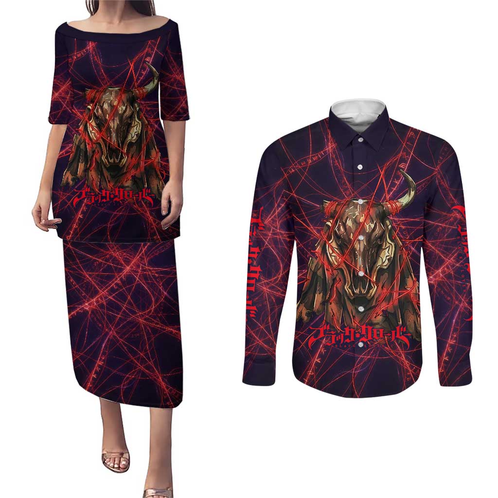Vanessa Enoteca Black Clover Couples Matching Puletasi and Long Sleeve Button Shirt Arcane Thread Magic Style with Mystic Red Cat Motif