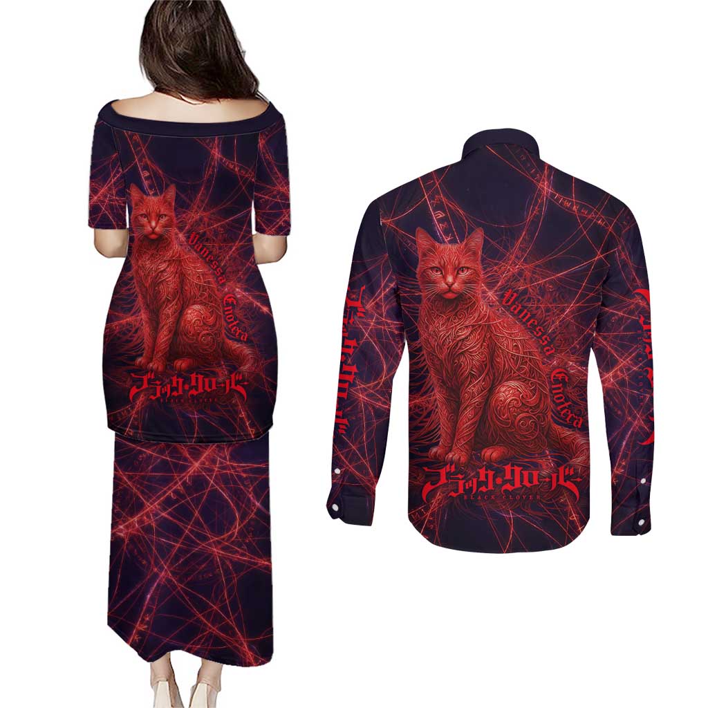 Vanessa Enoteca Black Clover Couples Matching Puletasi and Long Sleeve Button Shirt Arcane Thread Magic Style with Mystic Red Cat Motif