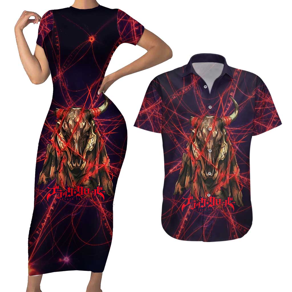 Vanessa Enoteca Black Clover Couples Matching Short Sleeve Bodycon Dress and Hawaiian Shirt Arcane Thread Magic Style with Mystic Red Cat Motif