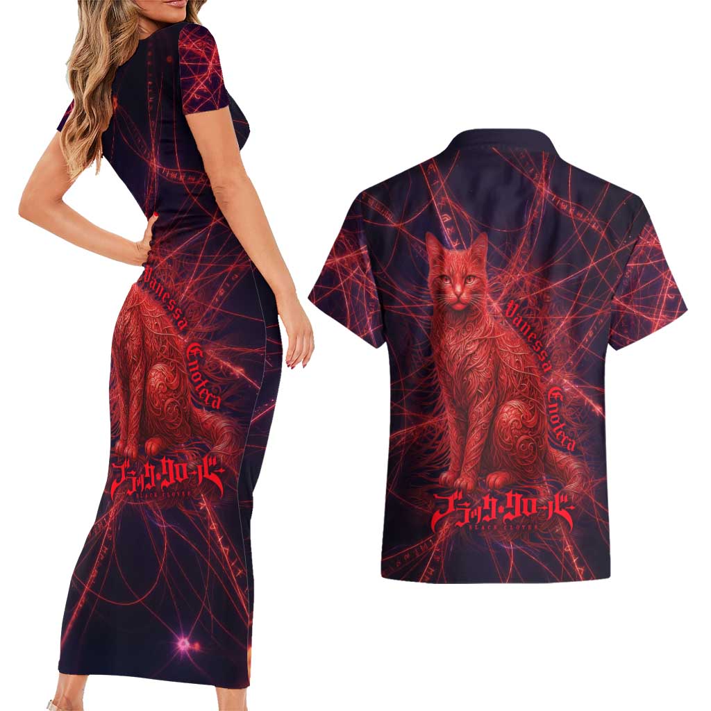 Vanessa Enoteca Black Clover Couples Matching Short Sleeve Bodycon Dress and Hawaiian Shirt Arcane Thread Magic Style with Mystic Red Cat Motif