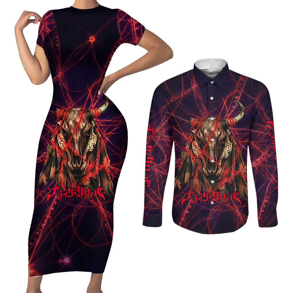 Vanessa Enoteca Black Clover Couples Matching Short Sleeve Bodycon Dress and Long Sleeve Button Shirt Arcane Thread Magic Style with Mystic Red Cat Motif