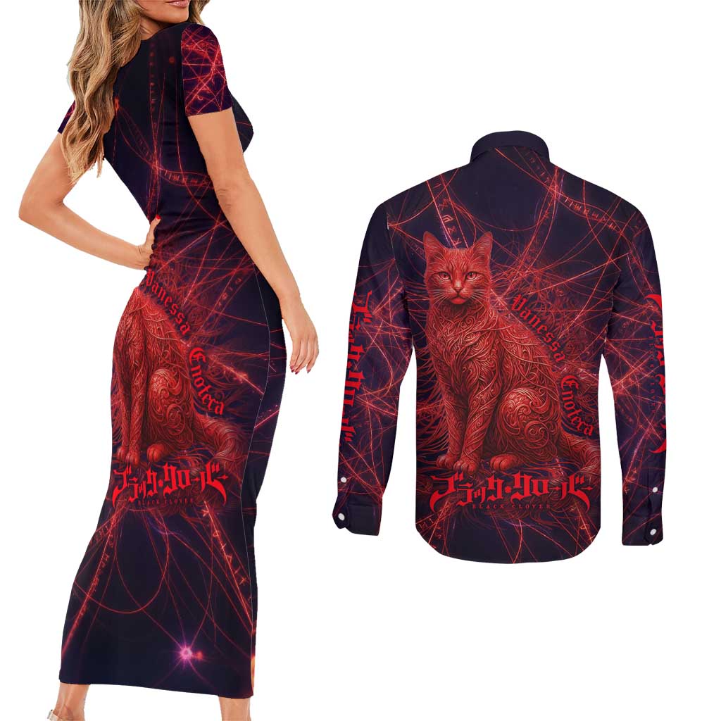 Vanessa Enoteca Black Clover Couples Matching Short Sleeve Bodycon Dress and Long Sleeve Button Shirt Arcane Thread Magic Style with Mystic Red Cat Motif