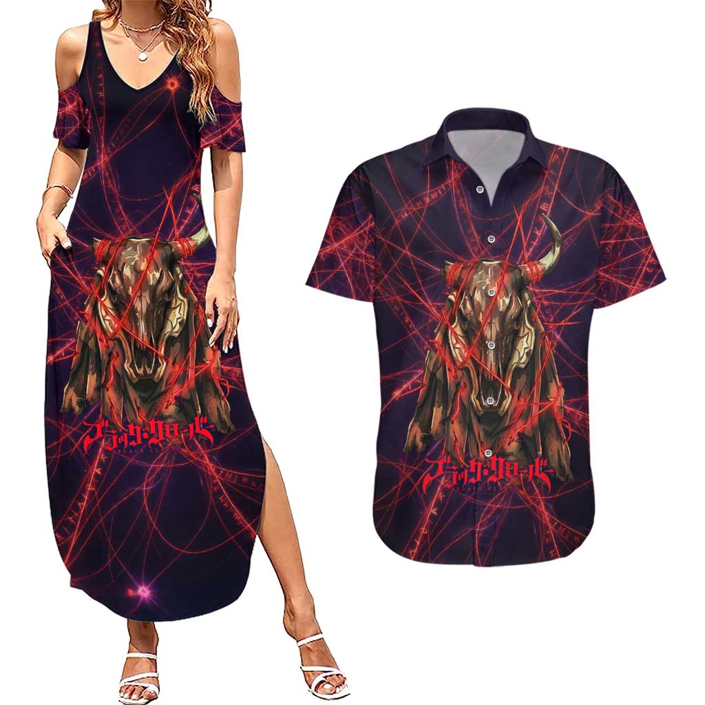 Vanessa Enoteca Black Clover Couples Matching Summer Maxi Dress and Hawaiian Shirt Arcane Thread Magic Style with Mystic Red Cat Motif