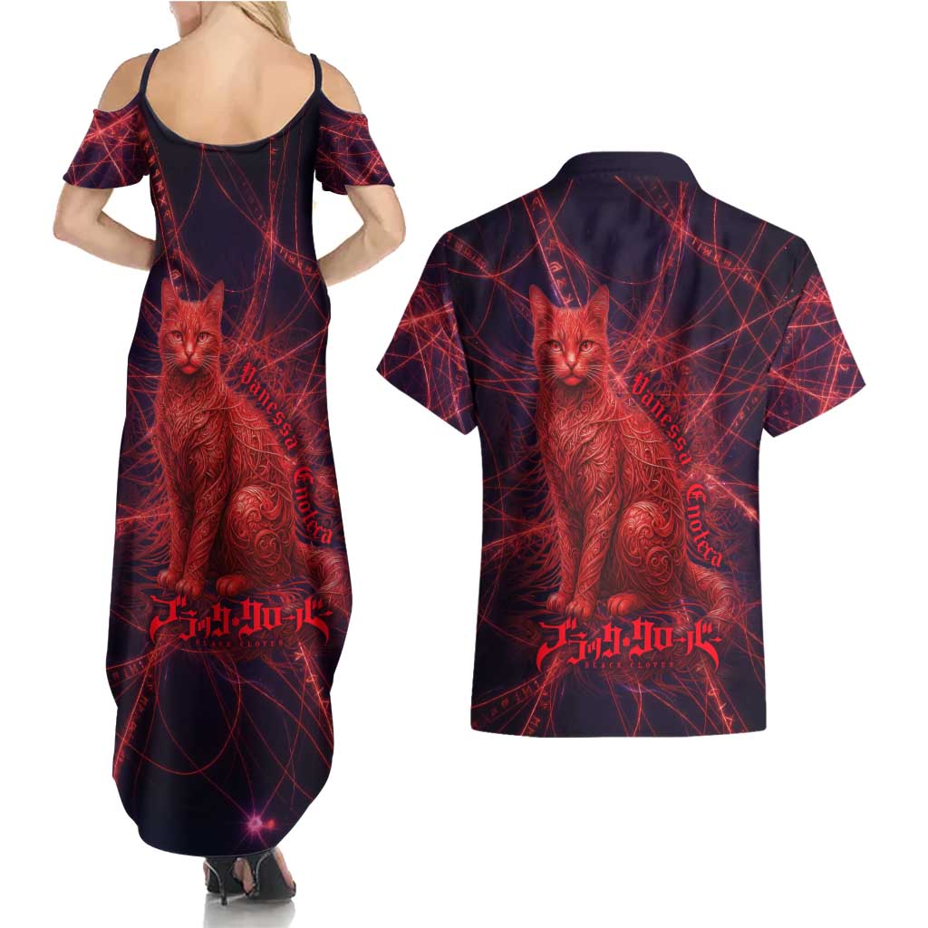 Vanessa Enoteca Black Clover Couples Matching Summer Maxi Dress and Hawaiian Shirt Arcane Thread Magic Style with Mystic Red Cat Motif
