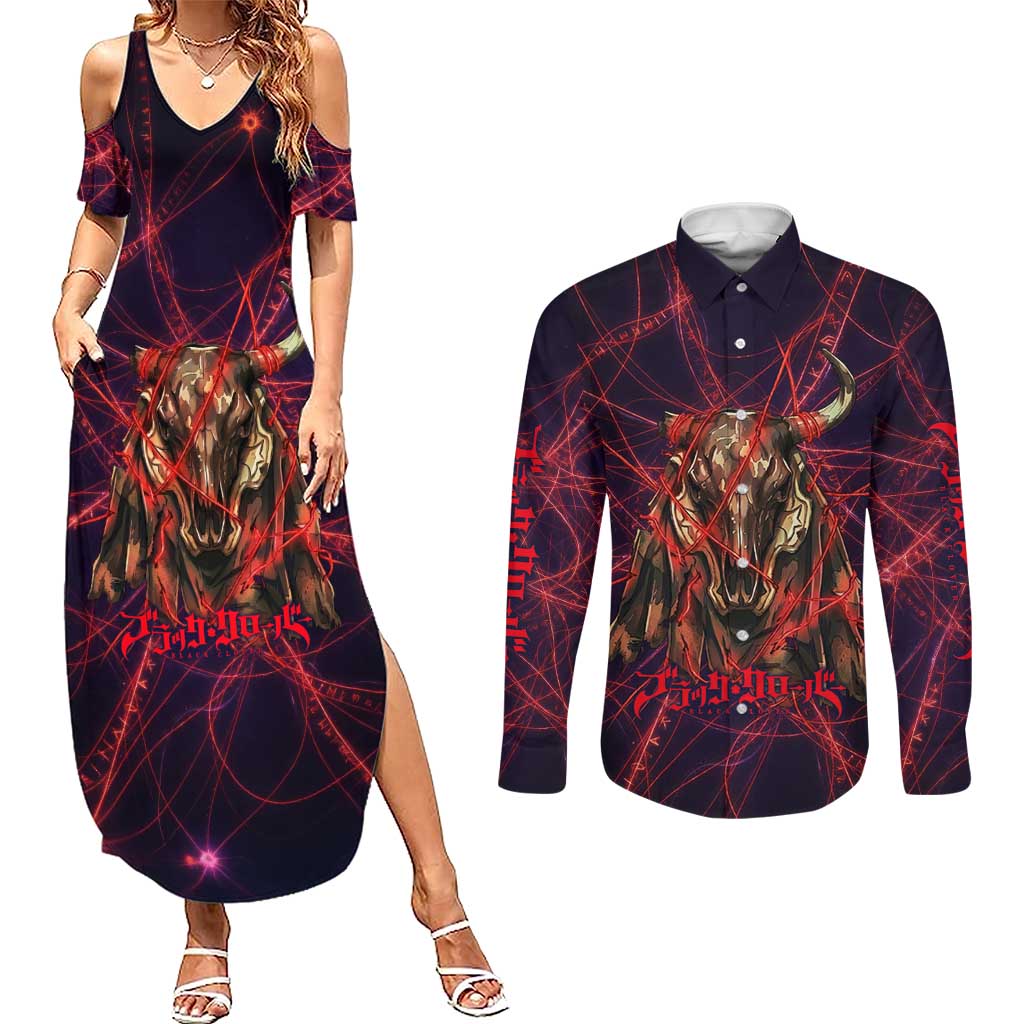 Vanessa Enoteca Black Clover Couples Matching Summer Maxi Dress and Long Sleeve Button Shirt Arcane Thread Magic Style with Mystic Red Cat Motif