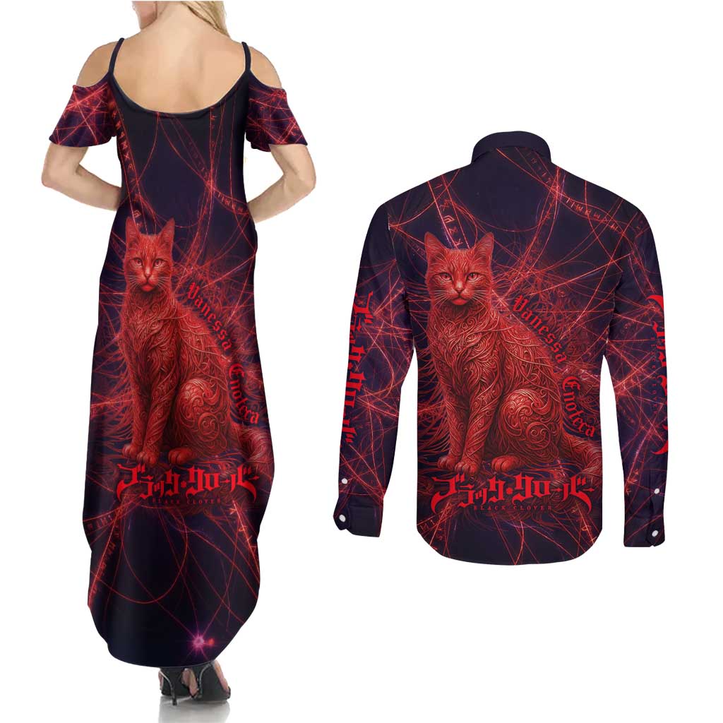 Vanessa Enoteca Black Clover Couples Matching Summer Maxi Dress and Long Sleeve Button Shirt Arcane Thread Magic Style with Mystic Red Cat Motif