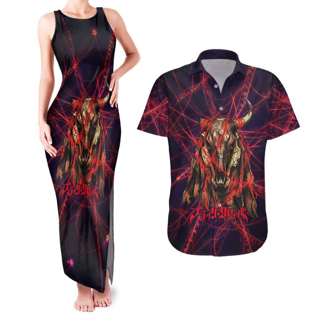 Vanessa Enoteca Black Clover Couples Matching Tank Maxi Dress and Hawaiian Shirt Arcane Thread Magic Style with Mystic Red Cat Motif