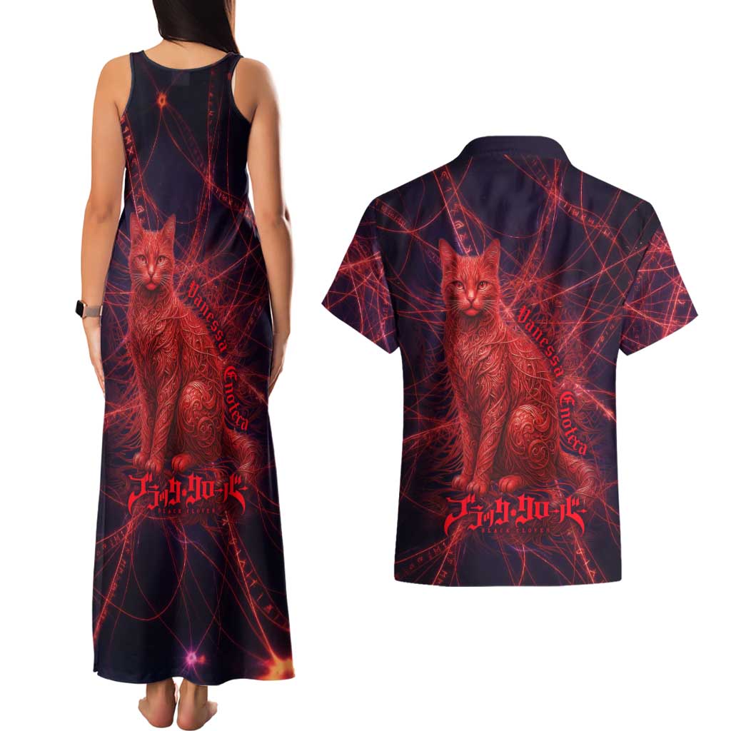 Vanessa Enoteca Black Clover Couples Matching Tank Maxi Dress and Hawaiian Shirt Arcane Thread Magic Style with Mystic Red Cat Motif