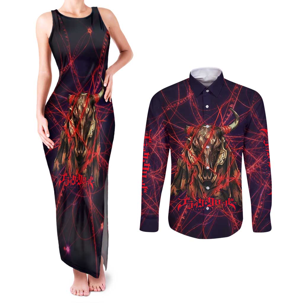 Vanessa Enoteca Black Clover Couples Matching Tank Maxi Dress and Long Sleeve Button Shirt Arcane Thread Magic Style with Mystic Red Cat Motif