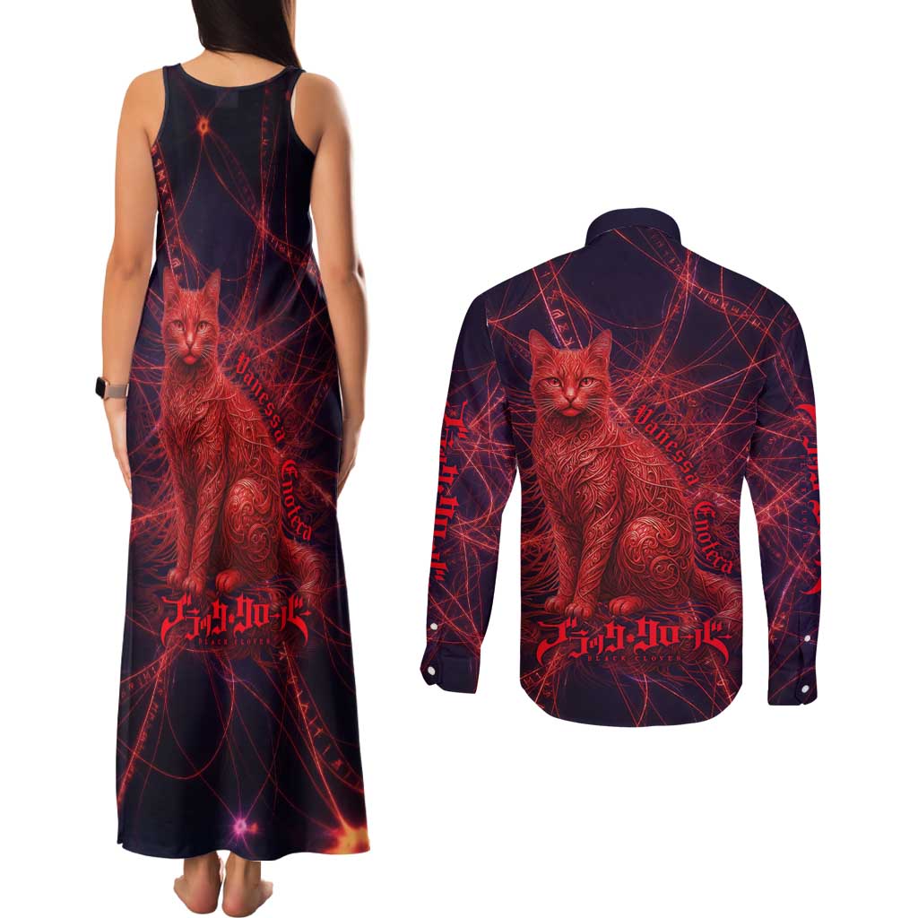 Vanessa Enoteca Black Clover Couples Matching Tank Maxi Dress and Long Sleeve Button Shirt Arcane Thread Magic Style with Mystic Red Cat Motif