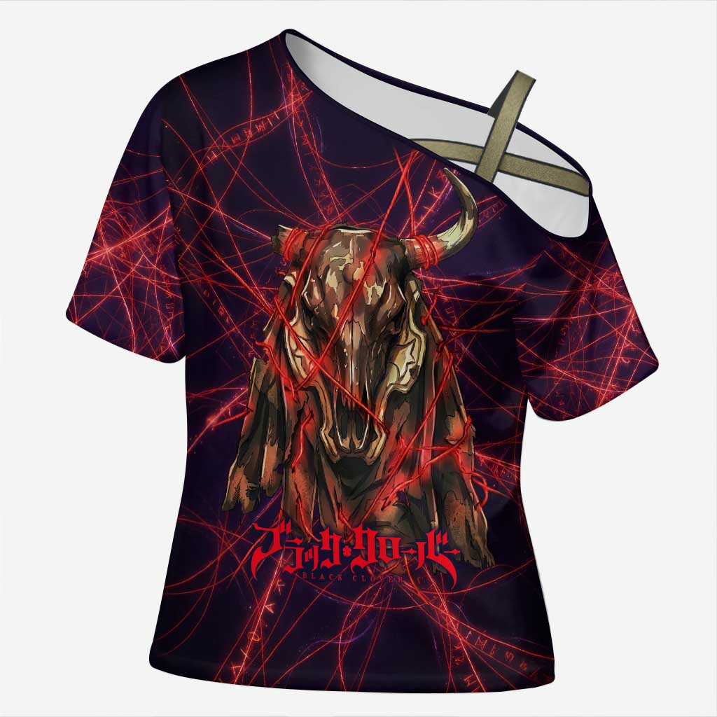 Vanessa Enoteca Black Clover Cross Shoulder Shirt Arcane Thread Magic Style with Mystic Red Cat Motif