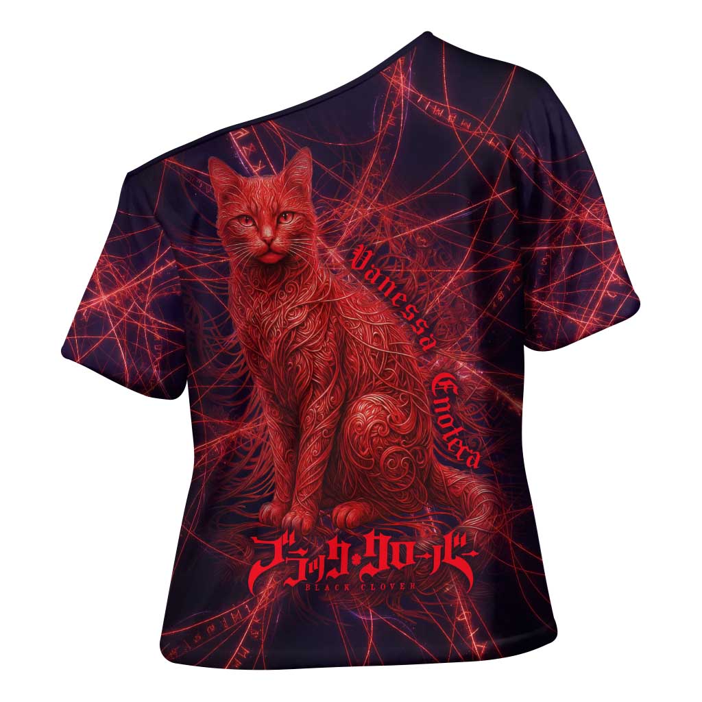 Vanessa Enoteca Black Clover Cross Shoulder Shirt Arcane Thread Magic Style with Mystic Red Cat Motif