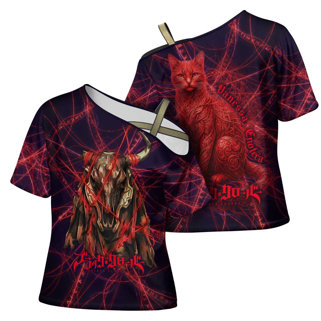 Vanessa Enoteca Black Clover Cross Shoulder Shirt Arcane Thread Magic Style with Mystic Red Cat Motif