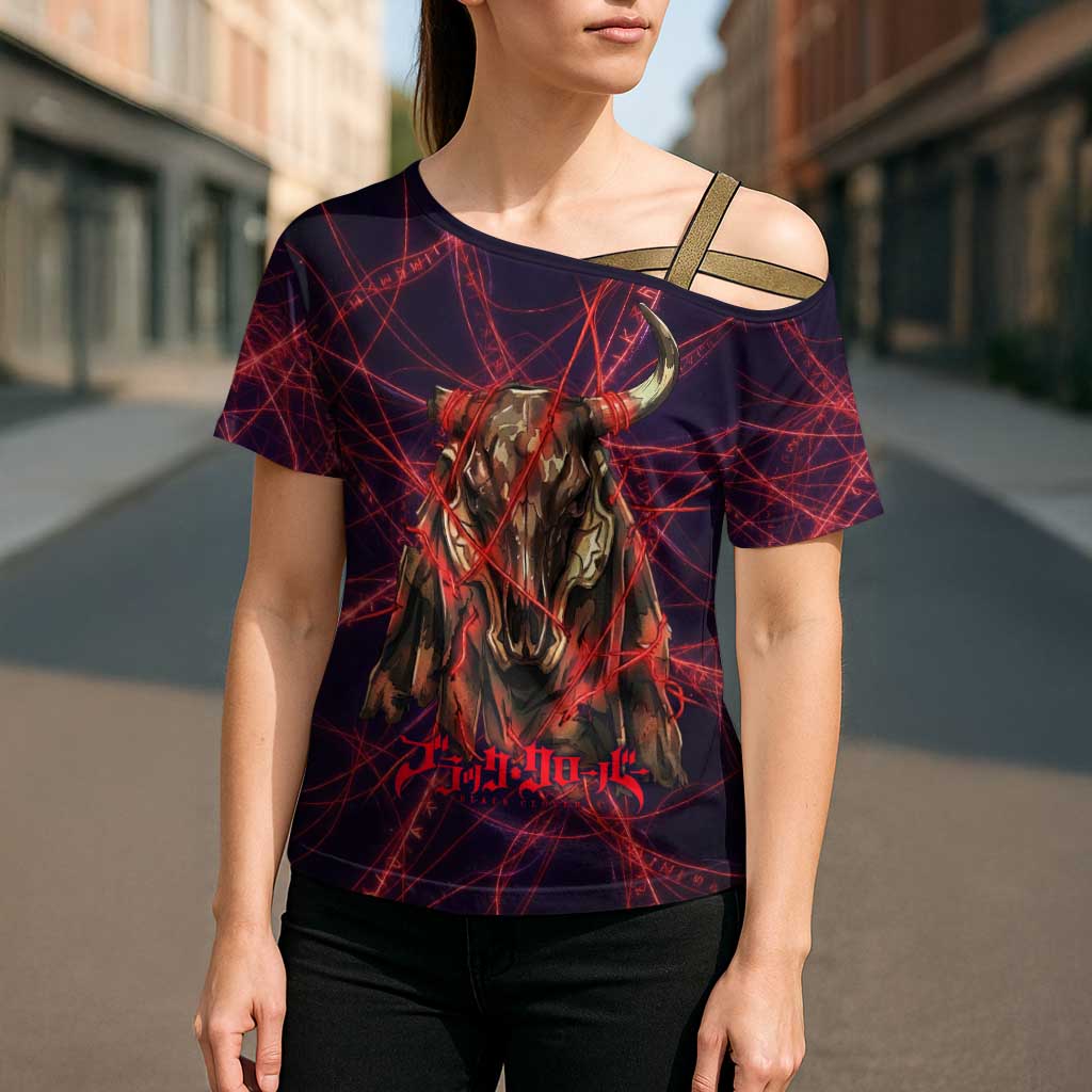 Vanessa Enoteca Black Clover Cross Shoulder Shirt Arcane Thread Magic Style with Mystic Red Cat Motif