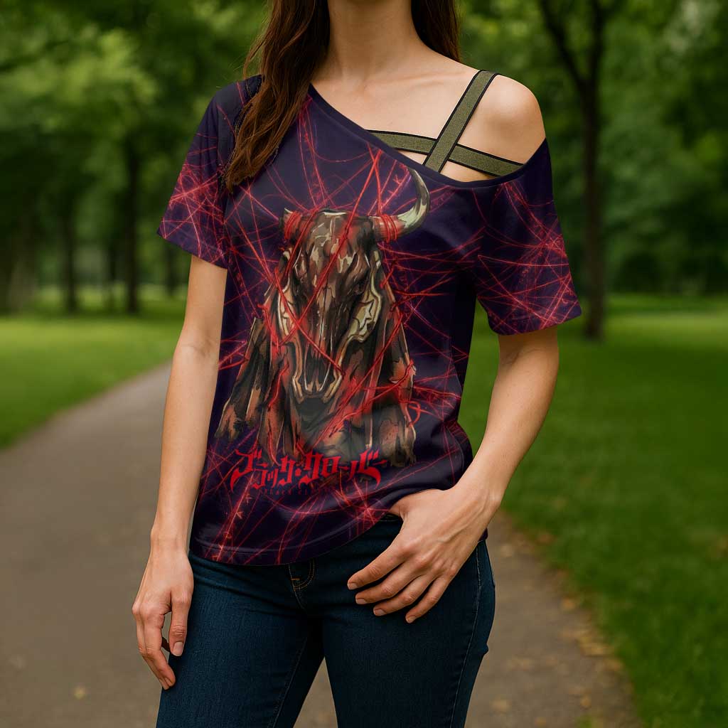 Vanessa Enoteca Black Clover Cross Shoulder Shirt Arcane Thread Magic Style with Mystic Red Cat Motif