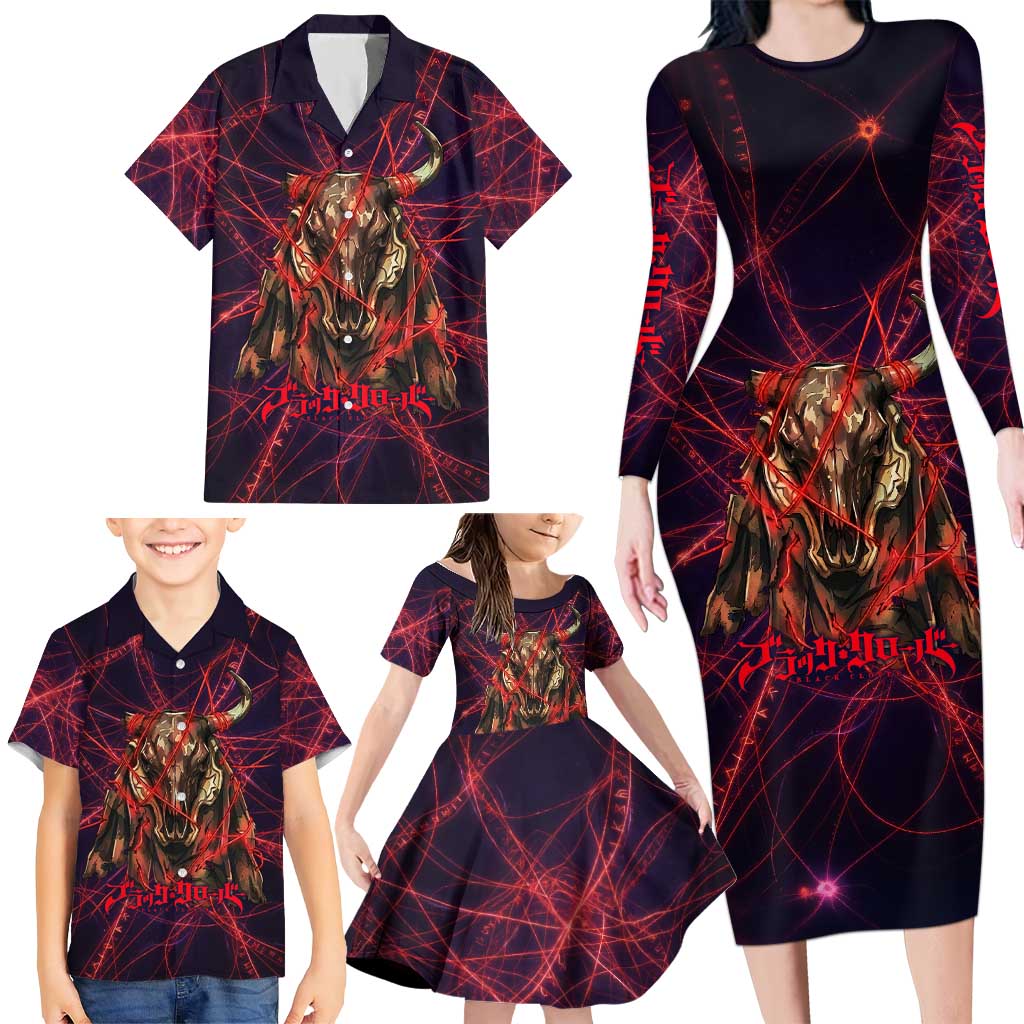 Vanessa Enoteca Black Clover Family Matching Long Sleeve Bodycon Dress and Hawaiian Shirt Arcane Thread Magic Style with Mystic Red Cat Motif
