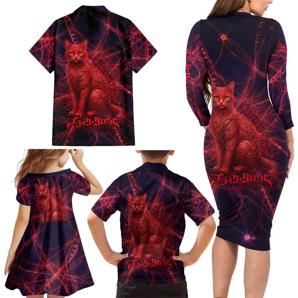 Vanessa Enoteca Black Clover Family Matching Long Sleeve Bodycon Dress and Hawaiian Shirt Arcane Thread Magic Style with Mystic Red Cat Motif