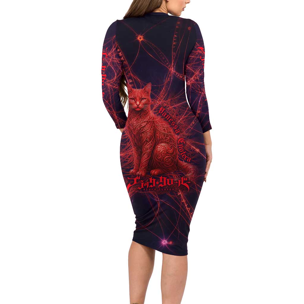 Vanessa Enoteca Black Clover Family Matching Long Sleeve Bodycon Dress and Hawaiian Shirt Arcane Thread Magic Style with Mystic Red Cat Motif