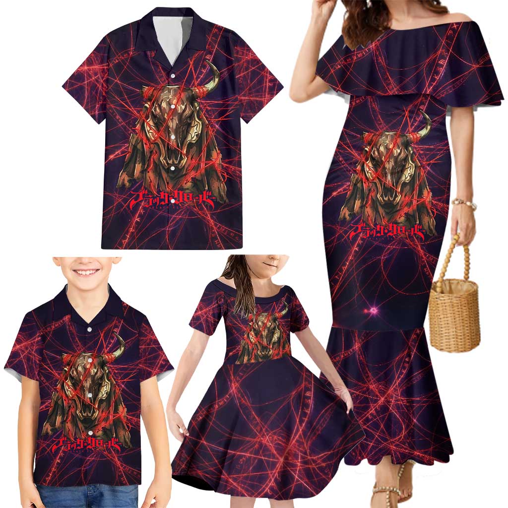 Vanessa Enoteca Black Clover Family Matching Mermaid Dress and Hawaiian Shirt Arcane Thread Magic Style with Mystic Red Cat Motif