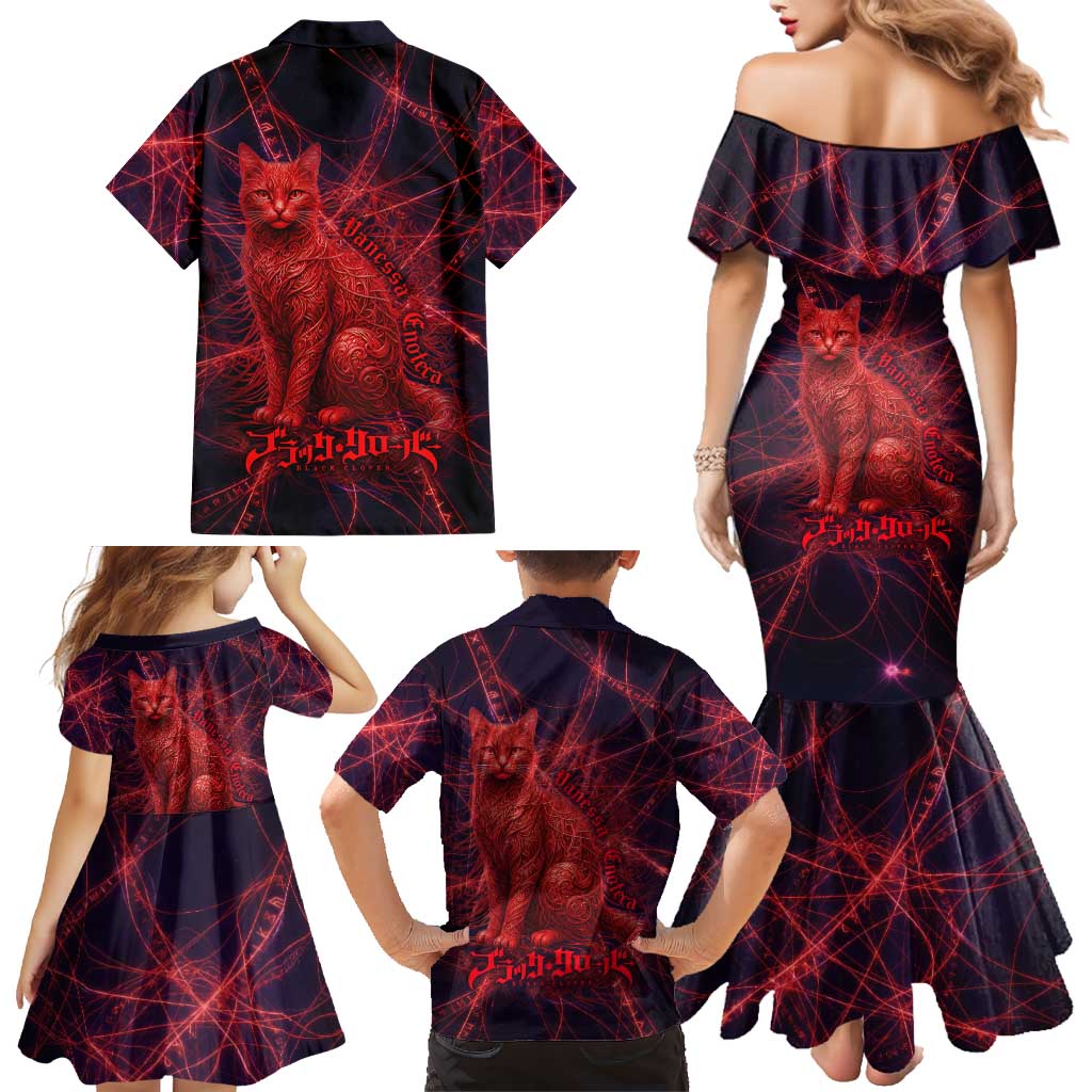 Vanessa Enoteca Black Clover Family Matching Mermaid Dress and Hawaiian Shirt Arcane Thread Magic Style with Mystic Red Cat Motif