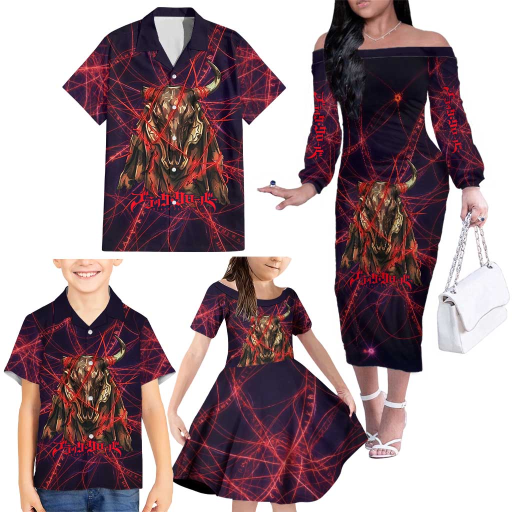 Vanessa Enoteca Black Clover Family Matching Off The Shoulder Long Sleeve Dress and Hawaiian Shirt Arcane Thread Magic Style with Mystic Red Cat Motif