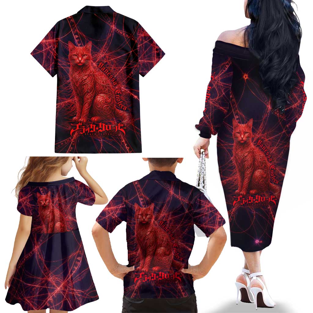 Vanessa Enoteca Black Clover Family Matching Off The Shoulder Long Sleeve Dress and Hawaiian Shirt Arcane Thread Magic Style with Mystic Red Cat Motif