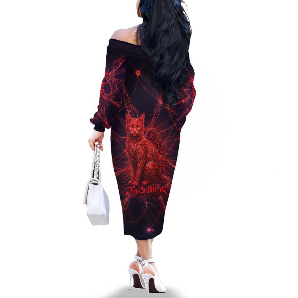 Vanessa Enoteca Black Clover Family Matching Off The Shoulder Long Sleeve Dress and Hawaiian Shirt Arcane Thread Magic Style with Mystic Red Cat Motif