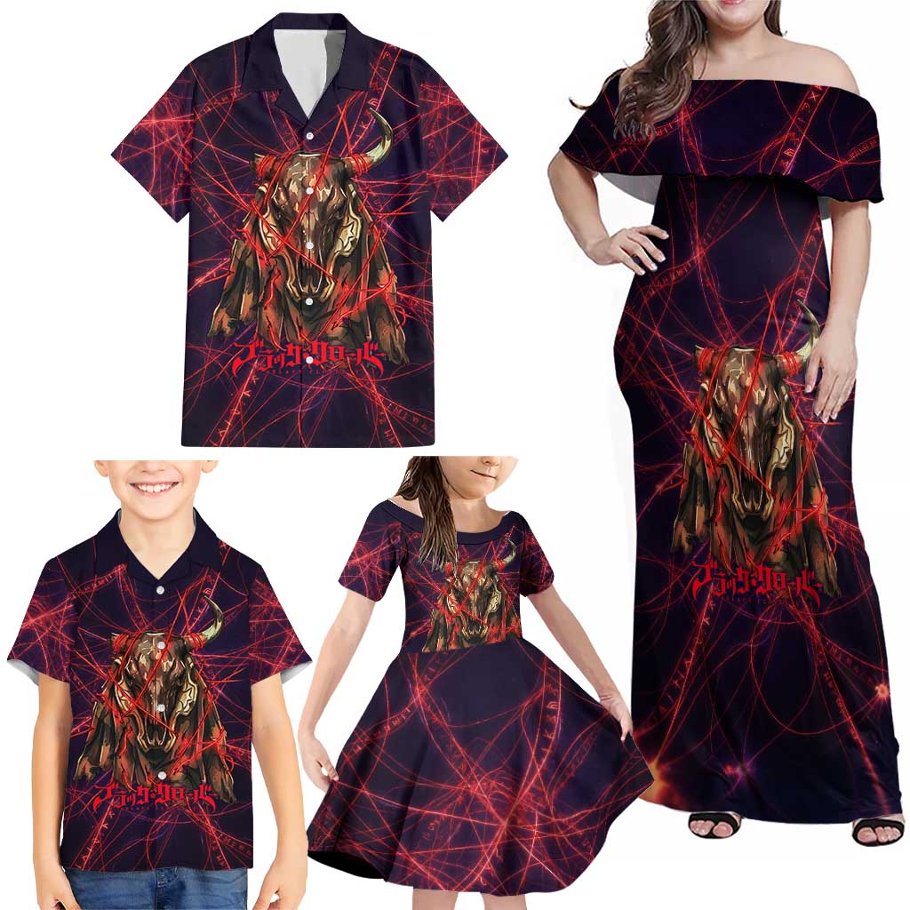 Vanessa Enoteca Black Clover Family Matching Off Shoulder Maxi Dress and Hawaiian Shirt Arcane Thread Magic Style with Mystic Red Cat Motif
