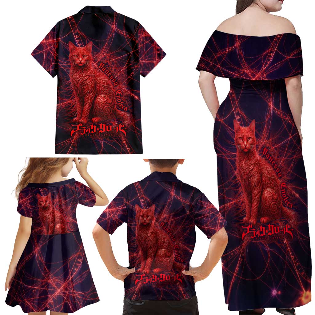 Vanessa Enoteca Black Clover Family Matching Off Shoulder Maxi Dress and Hawaiian Shirt Arcane Thread Magic Style with Mystic Red Cat Motif