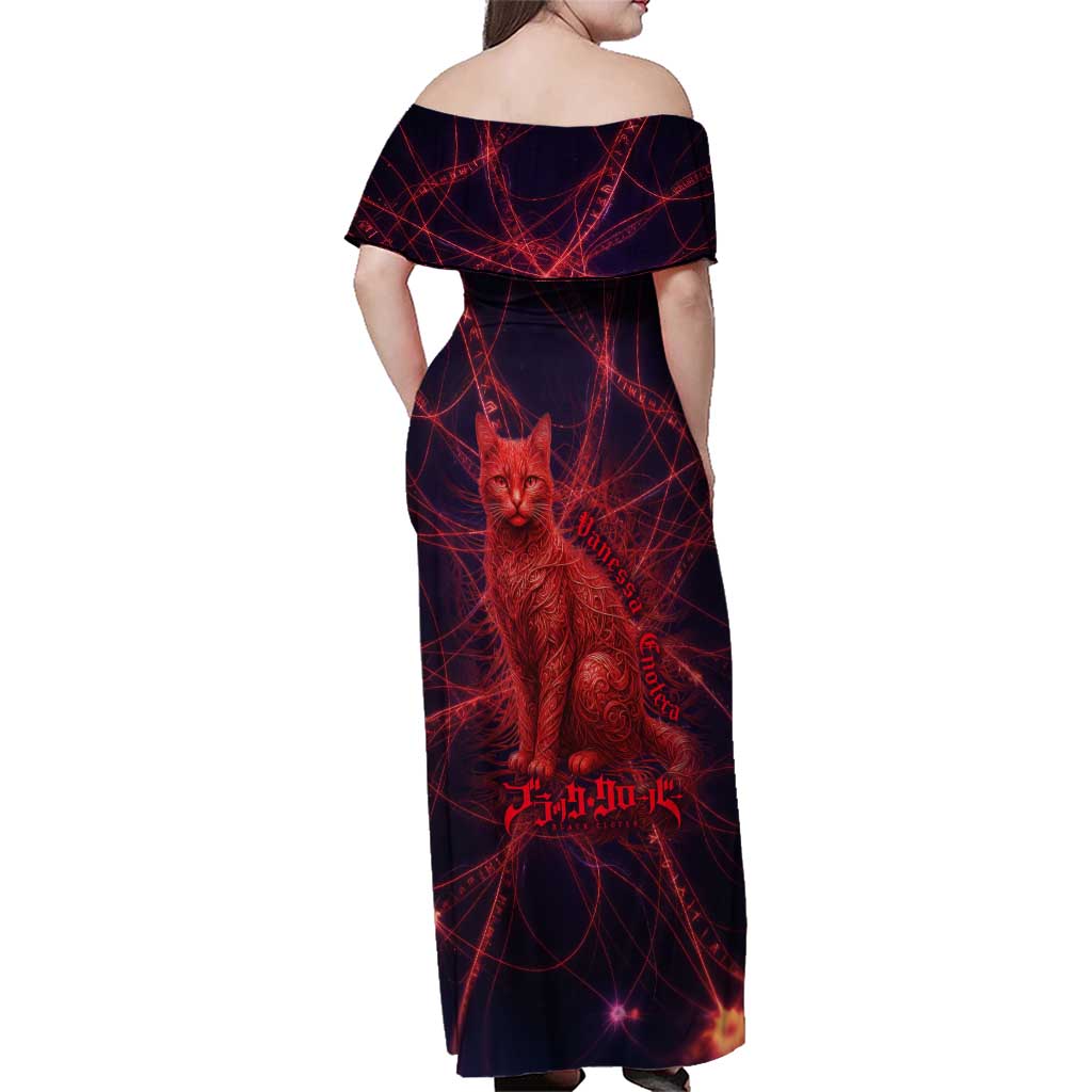 Vanessa Enoteca Black Clover Family Matching Off Shoulder Maxi Dress and Hawaiian Shirt Arcane Thread Magic Style with Mystic Red Cat Motif