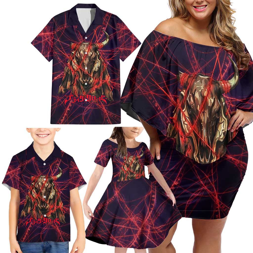 Vanessa Enoteca Black Clover Family Matching Off Shoulder Short Dress and Hawaiian Shirt Arcane Thread Magic Style with Mystic Red Cat Motif