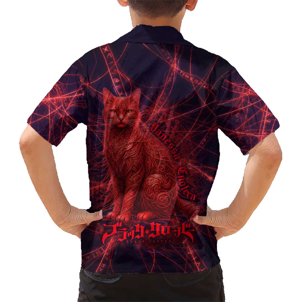 Vanessa Enoteca Black Clover Family Matching Off Shoulder Short Dress and Hawaiian Shirt Arcane Thread Magic Style with Mystic Red Cat Motif