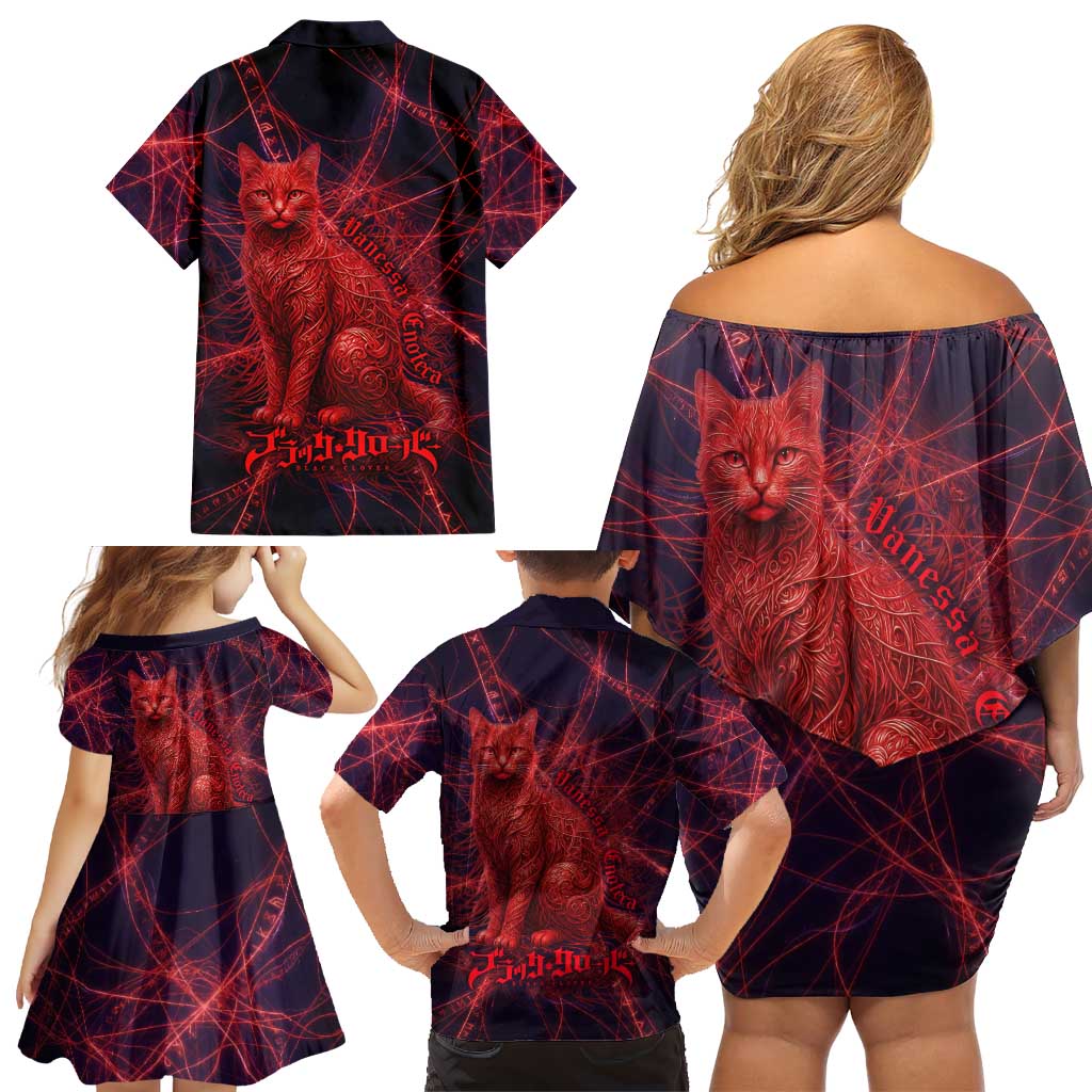 Vanessa Enoteca Black Clover Family Matching Off Shoulder Short Dress and Hawaiian Shirt Arcane Thread Magic Style with Mystic Red Cat Motif