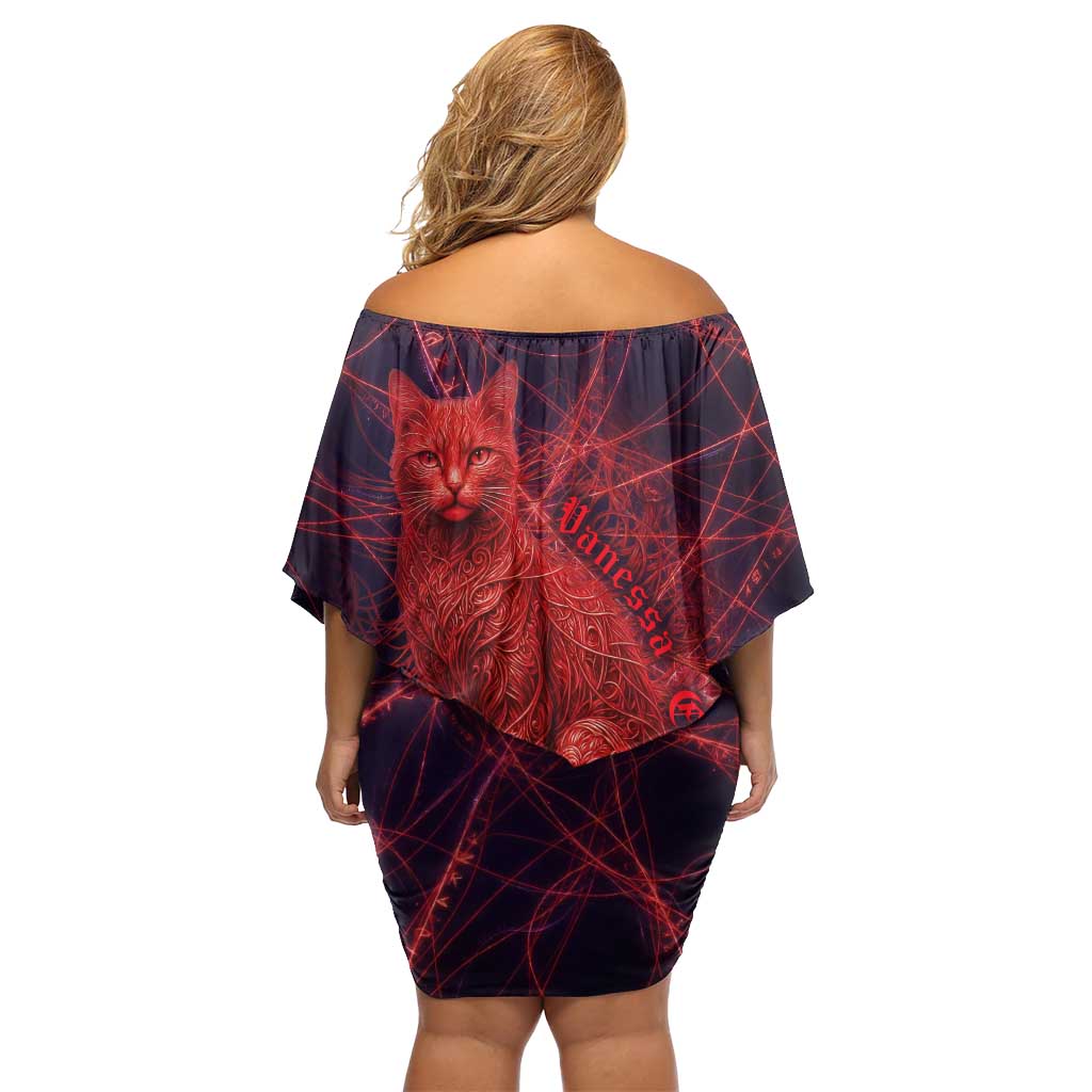 Vanessa Enoteca Black Clover Family Matching Off Shoulder Short Dress and Hawaiian Shirt Arcane Thread Magic Style with Mystic Red Cat Motif