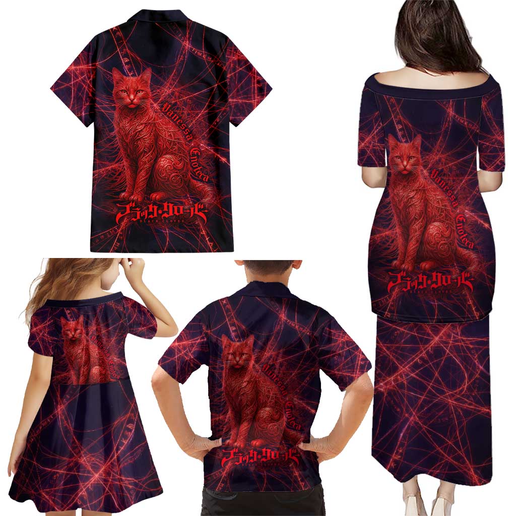 Vanessa Enoteca Black Clover Family Matching Puletasi and Hawaiian Shirt Arcane Thread Magic Style with Mystic Red Cat Motif