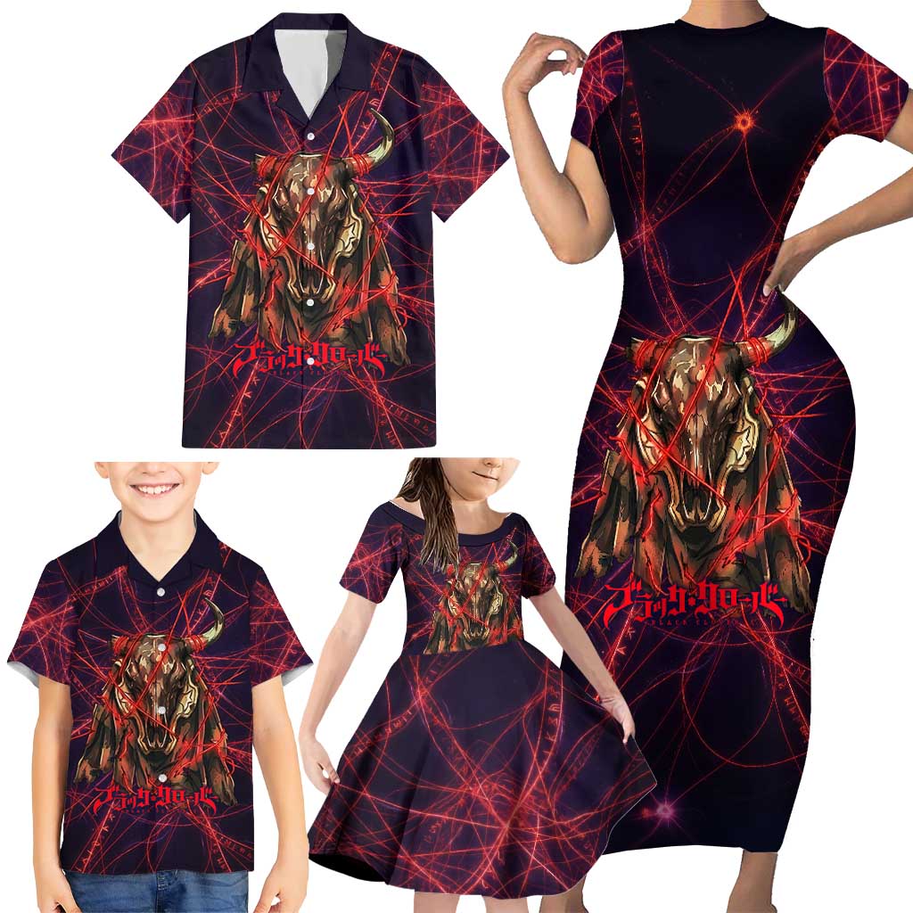 Vanessa Enoteca Black Clover Family Matching Short Sleeve Bodycon Dress and Hawaiian Shirt Arcane Thread Magic Style with Mystic Red Cat Motif