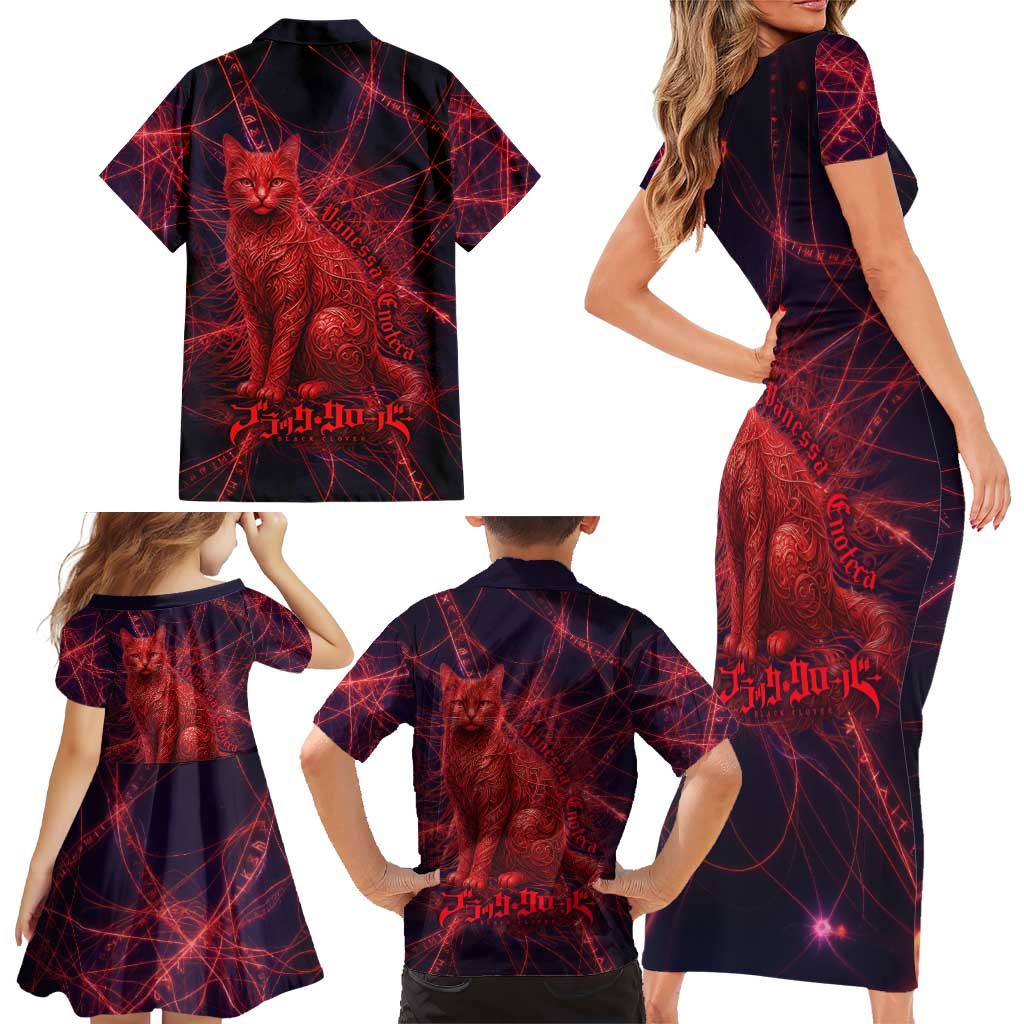 Vanessa Enoteca Black Clover Family Matching Short Sleeve Bodycon Dress and Hawaiian Shirt Arcane Thread Magic Style with Mystic Red Cat Motif