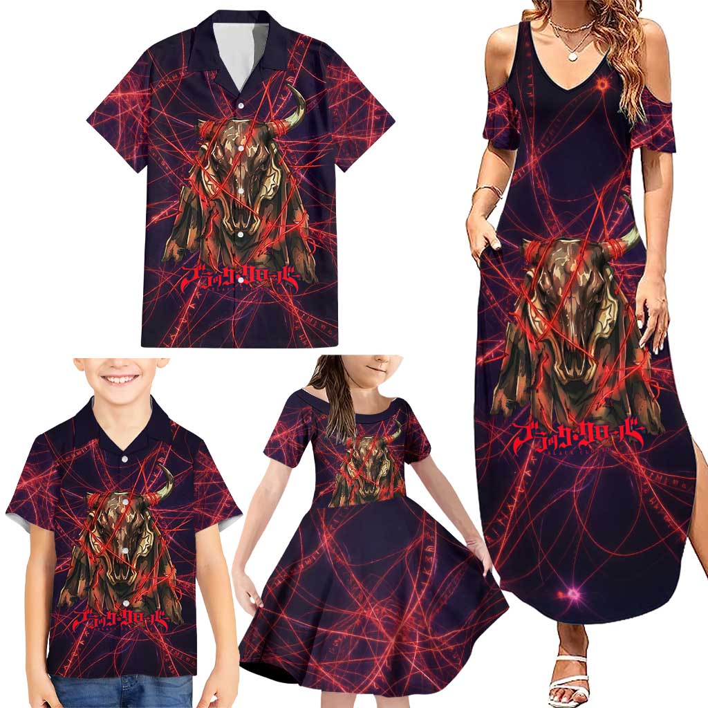 Vanessa Enoteca Black Clover Family Matching Summer Maxi Dress and Hawaiian Shirt Arcane Thread Magic Style with Mystic Red Cat Motif
