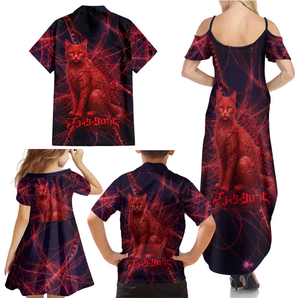 Vanessa Enoteca Black Clover Family Matching Summer Maxi Dress and Hawaiian Shirt Arcane Thread Magic Style with Mystic Red Cat Motif