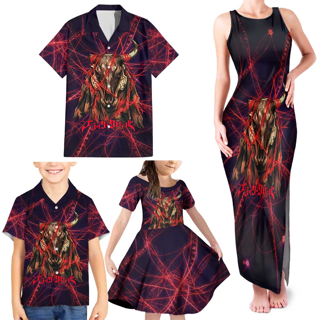 Vanessa Enoteca Black Clover Family Matching Tank Maxi Dress and Hawaiian Shirt Arcane Thread Magic Style with Mystic Red Cat Motif