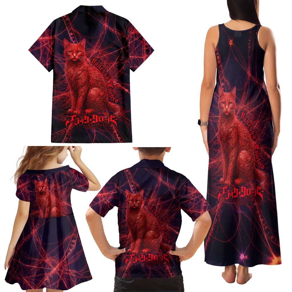 Vanessa Enoteca Black Clover Family Matching Tank Maxi Dress and Hawaiian Shirt Arcane Thread Magic Style with Mystic Red Cat Motif