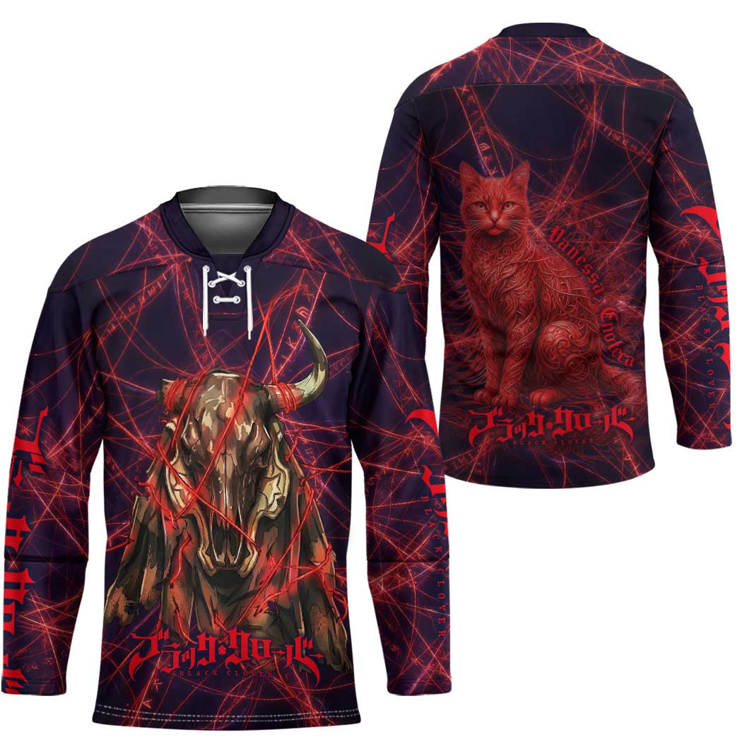 Vanessa Enoteca Black Clover Hockey Jersey Arcane Thread Magic Style with Mystic Red Cat Motif