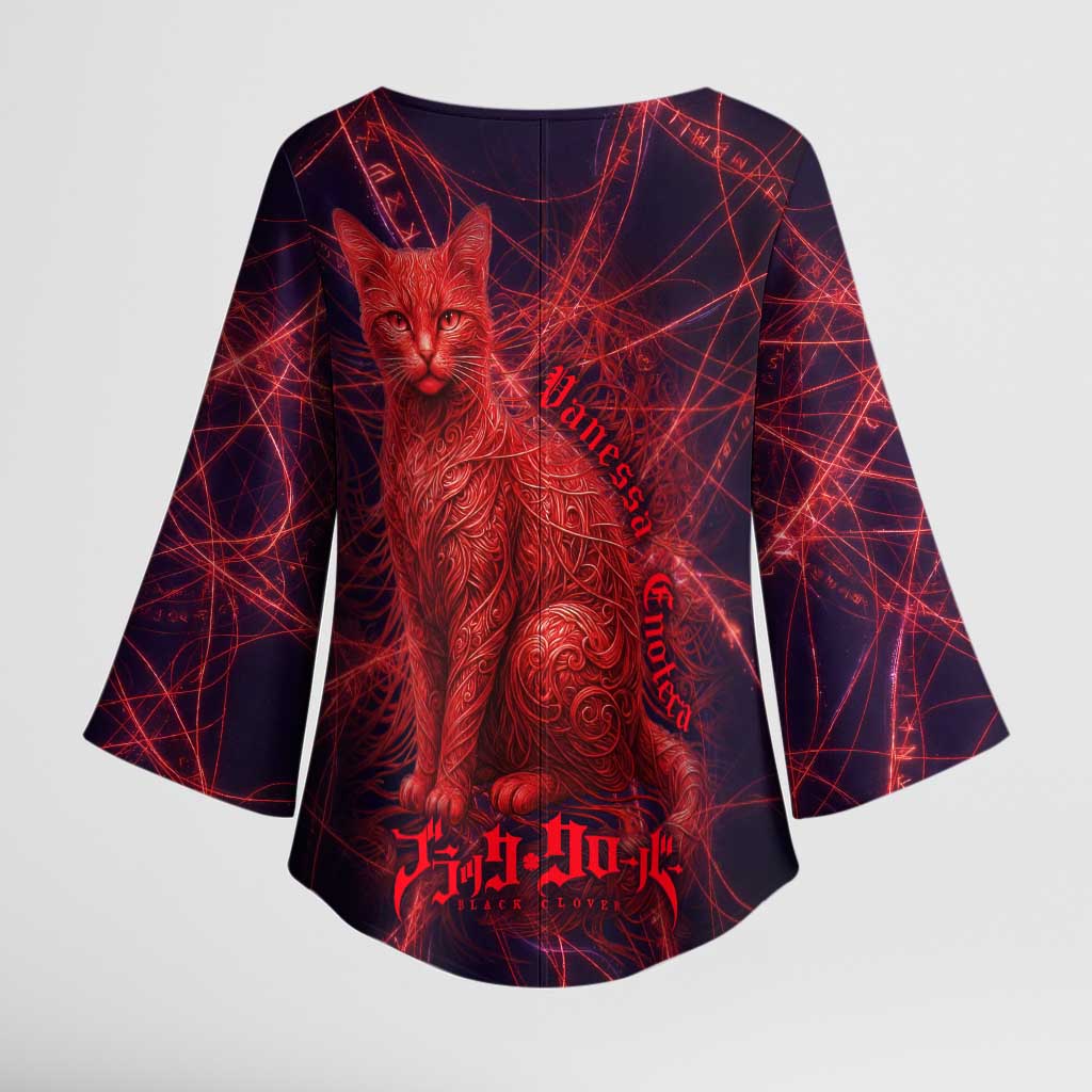 Vanessa Enoteca Black Clover Kimono Sleeve Blouse Arcane Thread Magic Style with Mystic Red Cat Motif