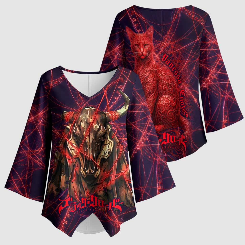 Vanessa Enoteca Black Clover Kimono Sleeve Blouse Arcane Thread Magic Style with Mystic Red Cat Motif