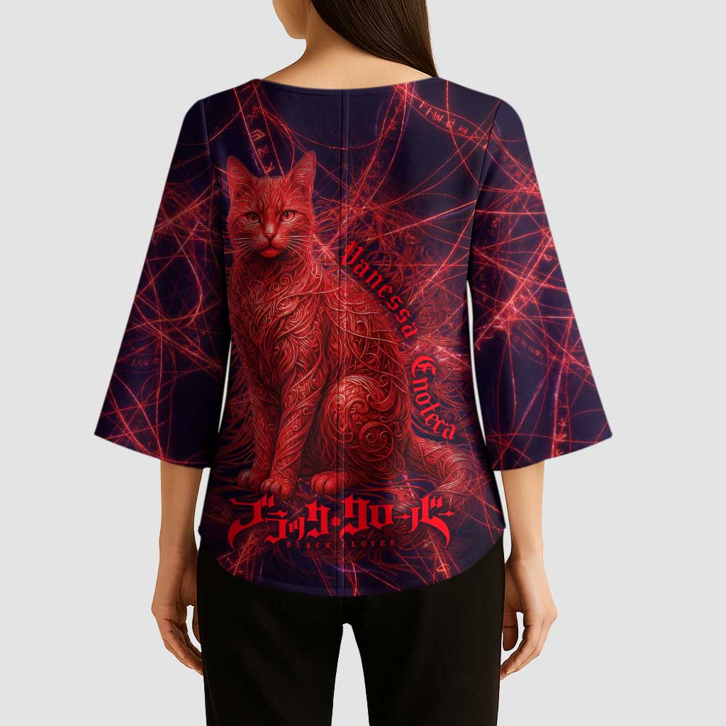 Vanessa Enoteca Black Clover Kimono Sleeve Blouse Arcane Thread Magic Style with Mystic Red Cat Motif