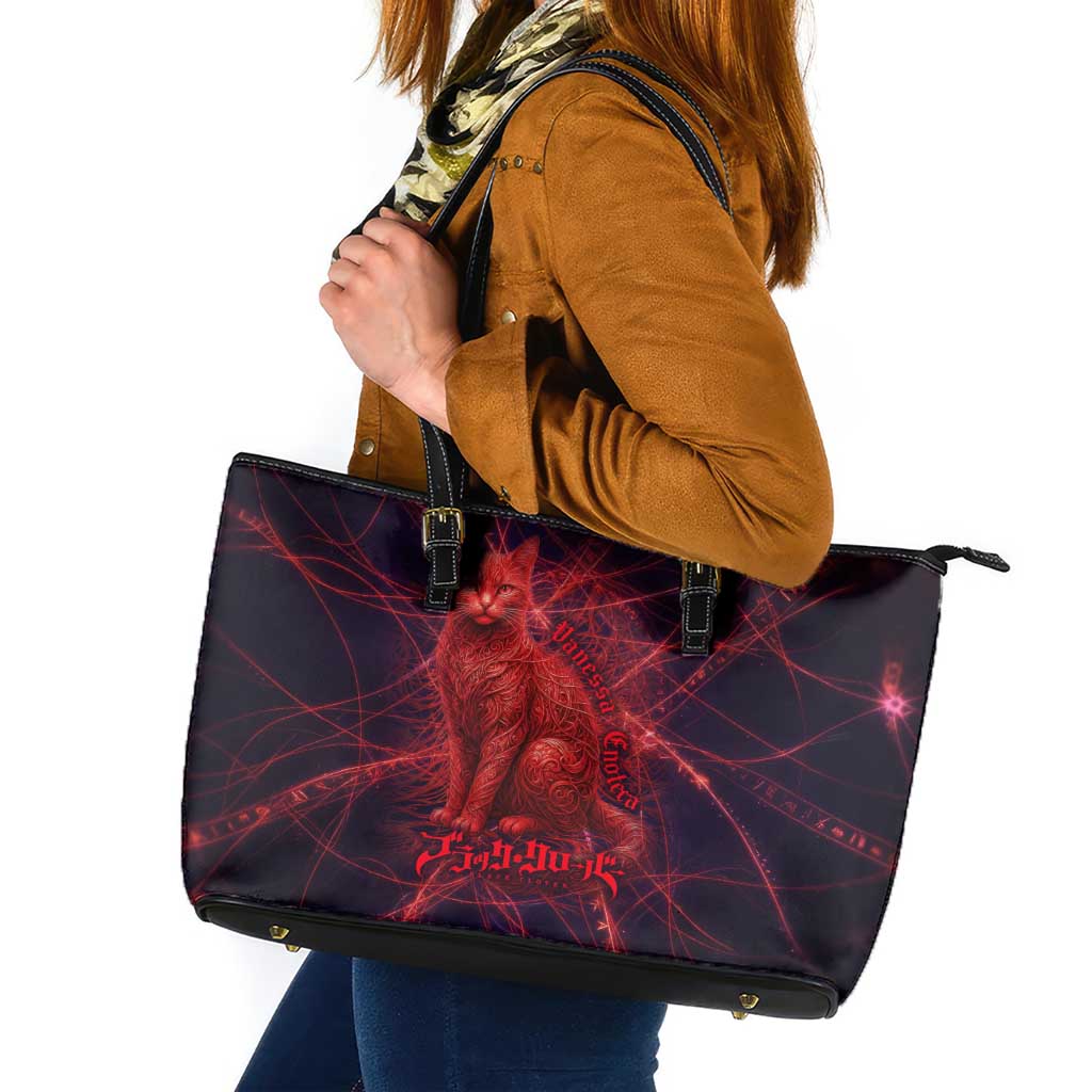 Vanessa Enoteca Black Clover Leather Tote Bag Arcane Thread Magic Style with Mystic Red Cat Motif