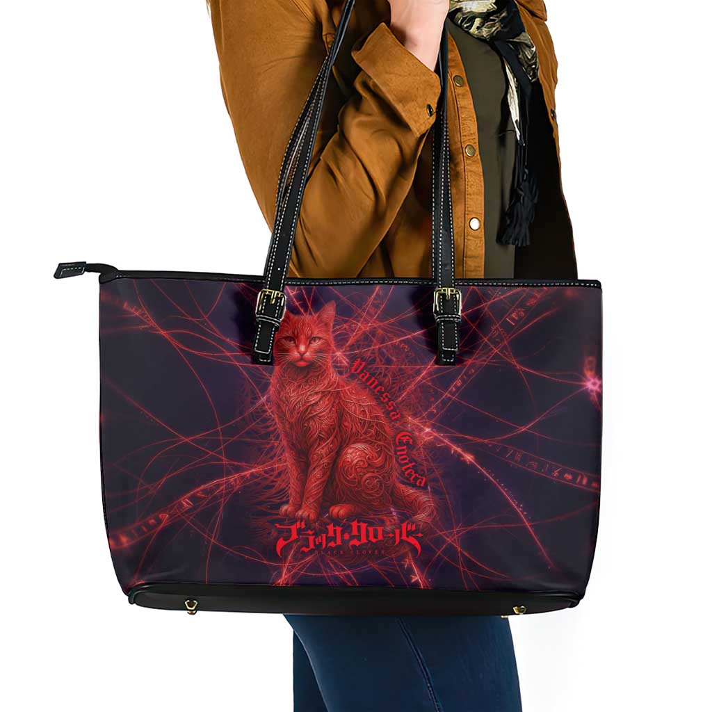 Vanessa Enoteca Black Clover Leather Tote Bag Arcane Thread Magic Style with Mystic Red Cat Motif