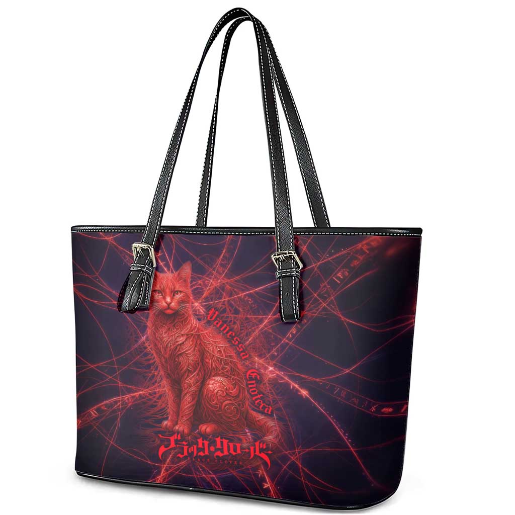 Vanessa Enoteca Black Clover Leather Tote Bag Arcane Thread Magic Style with Mystic Red Cat Motif